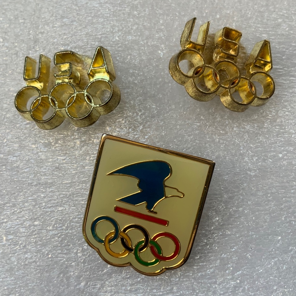 Set of 3 Vintage Olympic Collector Pins; 1 enamel US Postal, 2 Gold Toned USA